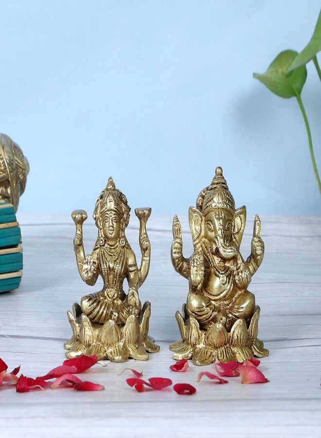 Two Moustaches 3.5 Inches Brass Laxmi Ganesha on Lotus Set, Ganesha Laxmi Idol Set for Home/Temple, Diwali & Housewarming Gifts, Standard, Pack of 2 - Image 4
